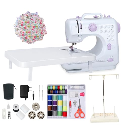 LetCart 505A Mini máquina de coser para principiantes con 12 puntadas, juego de costura de 42 piezas y 25 piezas de patchwork, carrete de hilo, máquinas de coser eléctricas, adecuada para vaqueros