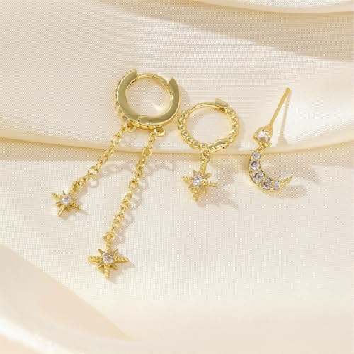 Image of SANNIDHI 3 Pairs Earrings Set for Women Stud Hoop Earrings Moon Star Earrings Combo for Multiple Piercing