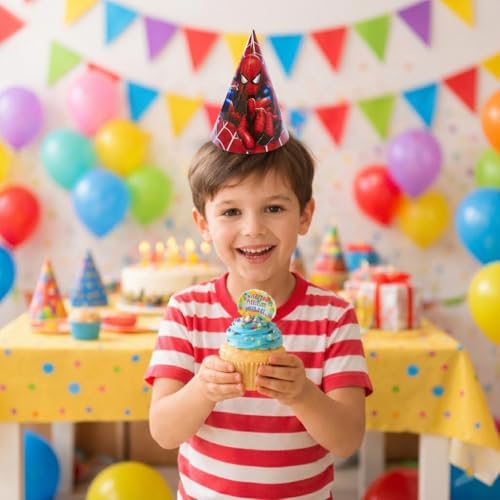 Image of Wanna Party Superhero Inspired Paper Hats for Kids Set of 8 |Comic Style Character Hats for Superhero Theme Parties