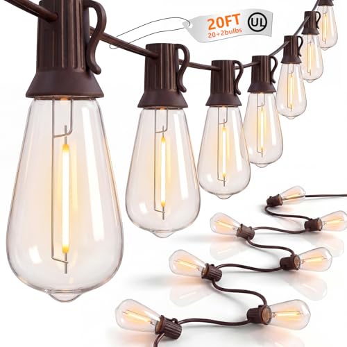 Image of 20FT ST40 LED Outdoor String Lights, Vintage Edison Patio Lights with 22 Shatterproof Bulbs, Waterproof Hanging Outdoor Lights for Backyard Porch Deck Bistro Garden, Warm White 2700K, Brown Wire