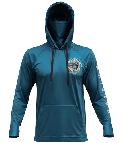 fishing shirts for men,upf50 hooded long sleeve with gaiter, sun protection dry fit apparel, cooling moisture wicking with face mask, fishing clothes for men - bass (x-large, teal)