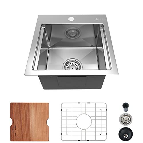 Ecochannels Kitchen Sink, 15 X 15 X 10 Inch Kitchen Sinks Small Bar Prep Sink 16 Gauge Stainless Steel Drop In Kitchen Sink Single Bowl Workstation Sink With Cutting Board #TOP21