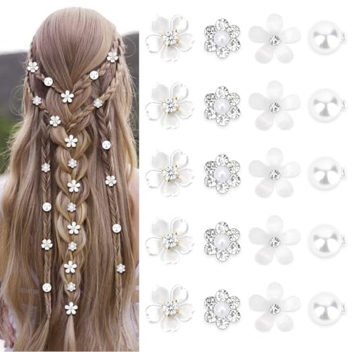 20pcs Fermagli per Capelli con Fiori Bianchi,Mini Fermagli Capelli da Ragazze,Piccoli Fermacapelli Decorativo con Fiori e Strass,Fermacapelli per Matrimonio da Sposa e Bambina