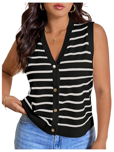 Image of Verdusa Women's Plus Size Old Money Vest Tops 2025 Striped Sleeveless Button Up Sweater Vests