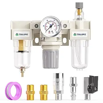 Tailonz Pneumatic 1/4 Inch NPT 3 in 1 Oil Air Pressure Regulator Filter AC2000-02?0-150PSI with Lubricator Cup for Air Tools System