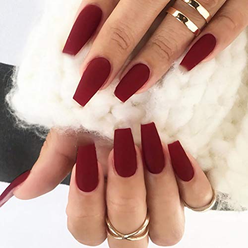 24 Pcs Matte Press on Nails, Luvehandicraft Medium Coffin Fake Nails, False Nails with Glue for Women and Girls (Wine Red)