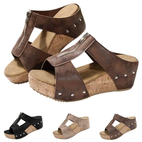 Wedge Flat Sandals Round Open Toe Platform Slides Slip-On with Thick Sole and Open Toe Decorative Rivets shoes (24.0 cm,khaki) [