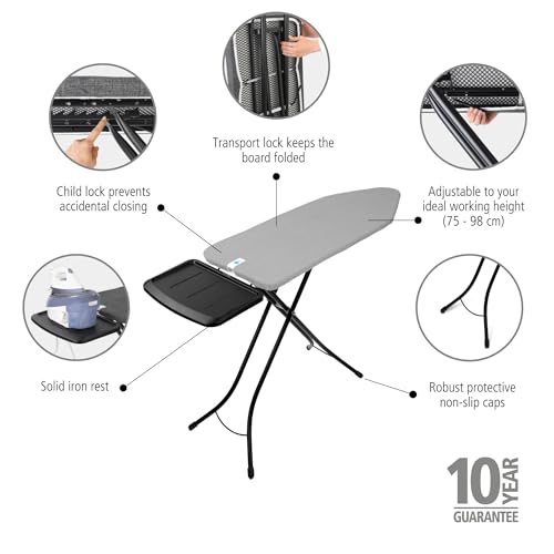 Image of Brabantia - Ironing Board C - Extra Large Steam Iron Rest - Adjustable in Height - Non-Slip Rubber Feet - Cover and Pad - Foldable XL Unit - Metallized - 49 x 18 Inches