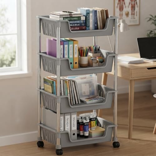 Image of JD FRESH 4-Tier Multi Storage Rack for Home & Kitchen /360-Degree Rotating Wheels with Breathable Kitchen Shelf Storage Rack /Plastic Rolling Cart for Kitchen, Bathroom, Office & Living Room (Grey)