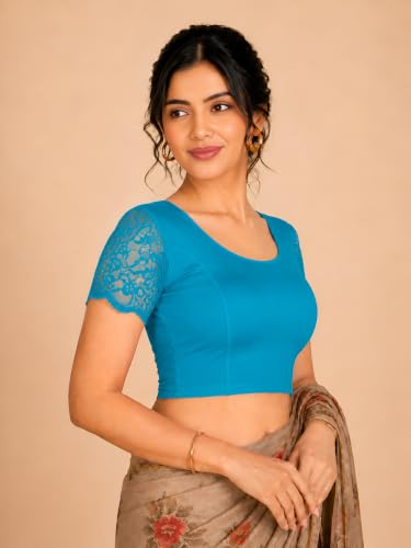 Image of Abhi Cotton Readymade Saree Blouse for Women- Half Net Sleeves, Round Neck, Regular-fit, Stretchable, Pull-on Style Blouse