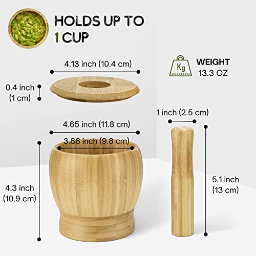 Flexzion Wooden Mortar And Pestle Set 5-Inch Bamboo Bowl And Grinder Set, Wood Molcajete Muddler And Bowl With Lid And Spoon For Guacamole, Herbs, Spices, Garlic, Medicine Pills, Seeds, And More #TOP4