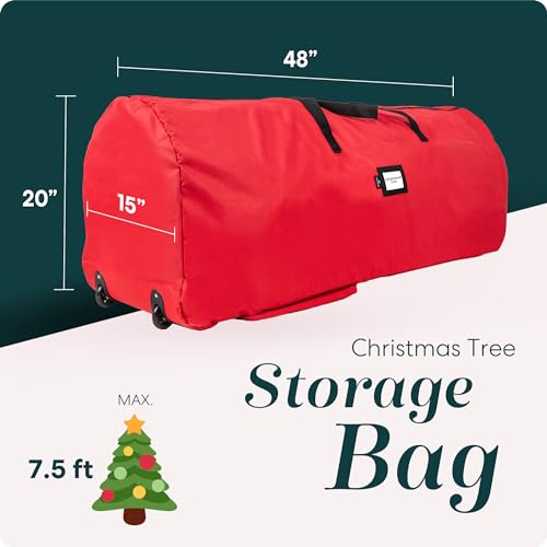 Handy Laundry Rolling Tree Storage Bag - For 7.5-Foot Artificial Christmas Holiday Tree. Zippered Bag, Carry Handles and Wheels for Easy Transport, Protects Against Dust, Insects, and Moisture (Red)