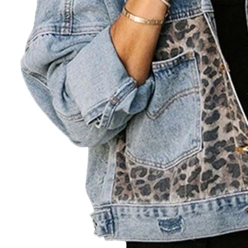 Womens Cropped Leopard Denim Jacket Button Down Distressed Jean Coat Washed Long Sleeve Ripped Cheetah Jacket4