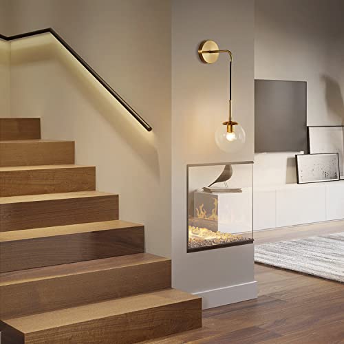 Image of KCO Modern Glass Globe Wall Sconce Set of Two Minimalist Gold Wall Light Fixture with Adjustable Cord Brass Round Glass Wall Mounted Reading Lamp (Clear-2PC)