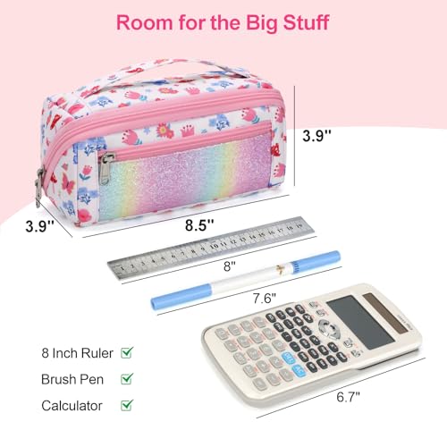 Image of Pencil Case for Girls, Durable Kids Pencil Pouch for School, Wide Opening Soft Bag with Handle, Fits 50 Pens & Markers (Floral Butterfly)