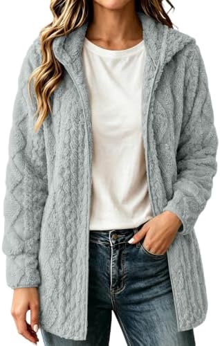 Teddyjacke Damen Einfarbig Langarm Hoodie Teddy Fleece Mantel mit Kapuze | Winter Warm Sweatshirt Flauschig Plüschjacke Oversize Fleecejacke Mittellanges Dicker Wintermantel Bequem