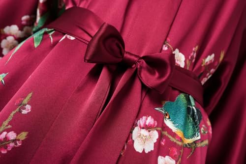 Image of Women's Silk Kimono Robe Short Bathrobe Nightgown 100% Mulberry Silk for Women - Classic Floral Pattern