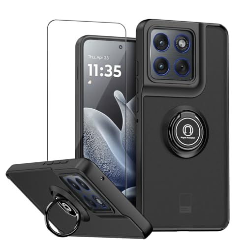 Image of QUIETIP Case for Motorola Edge 70 with Screen Protector,Magnetic Ring Car Stand Silicone Translucent Matte Drop Protection Cover,Black