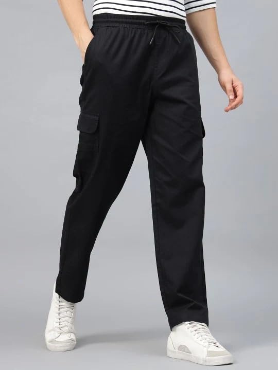Image of Veirdo Pure Cotton Baggy Fit Regular Length Mid Rise 4 Pocket Cargos for Men (Colors: Black, Olive, Grey, Brown & Navy)