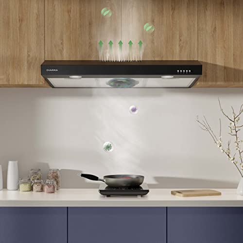 Ciarra Under Cabinet Range Hood 30 Inch With Anti-Fingerprint Design, Ductless Vent Hood For Kitchen With 3 Speed Exhaust Fan, Push Button Control, Ducted And Ductless Convertible, Black #TOP6