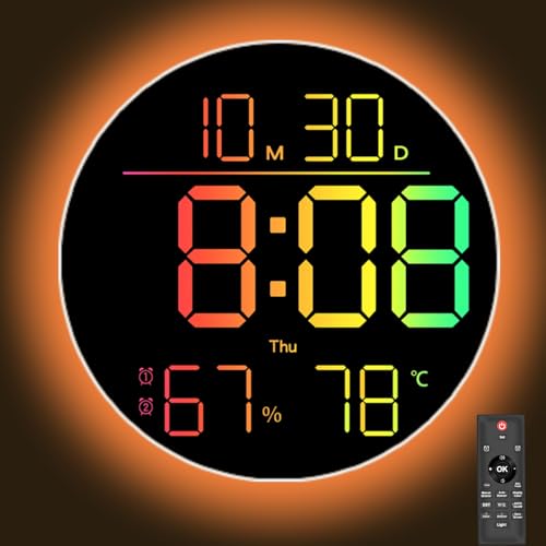 QINFIEY 10 Inch LED Wall Clock with RGB Ambient Light, Auto-Dimming, RGB Color/Time/Date/Temp/Humidity Display, Dual Alarms & Timer, Adjustment Brightness,Digital Round Clock for Bedroom Classroom