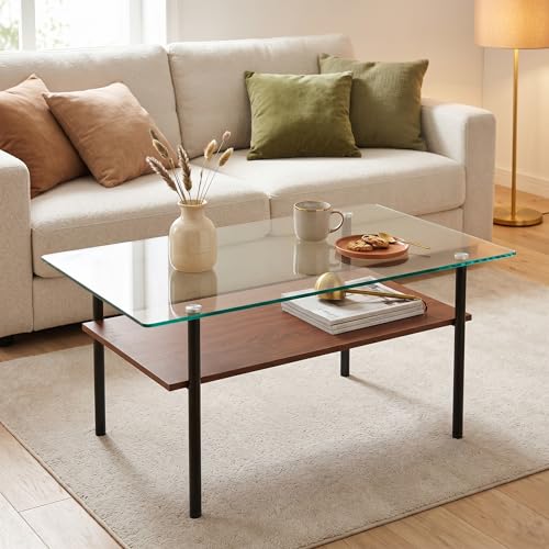Image of 38.6 inch Glass Coffee Table for Living Room, 2-Tier Modern Center Table with Clear Tempered Glass Top, Brown Wood Shelf & Black Metal Legs, Accent Tea Table for Small Space, Easy to Assemble