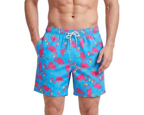 MaaMgic Hombre Bañador de Playa Tropical Vacaciones y Viajes en Verano con Bolsillos Azul Flamenco Rosa M