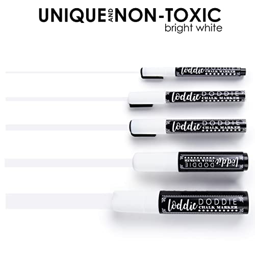 Image of Loddie Doddie Liquid Chalk Markers - Pack of 5, Multi-Tip 1-15mm, White - Versatile Chalk Art for Blackboard & Window - Fine Tip Ink Pen for Intricate Designs - Erasable Dry Erase Markers