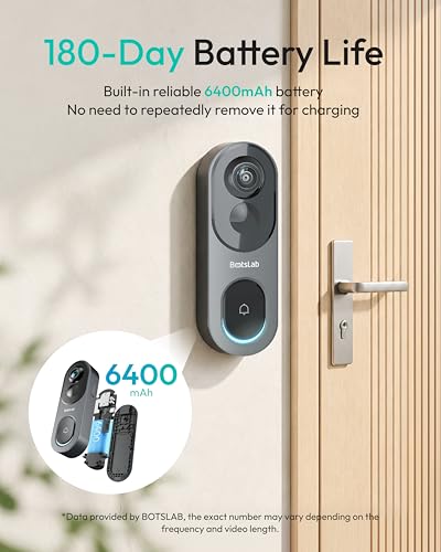 Image of BOTSLAB 5MP Wireless Video Doorbell Camera,180 Head-to-Toe View, AI Motion Detection, VR Mode, Battery or Wired Powered, Package Detection, 32GB SD Card, 6400mAh Battery,Easy Installation,2.4GHz WiFi