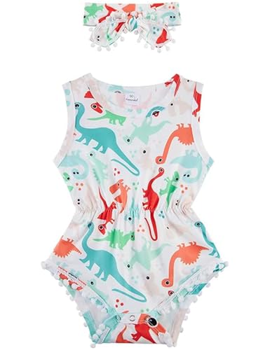 Image of UNICOMIDEA Baby Girl Romper with Headband 3D Print Sleeveless Outfit 0-24M | Newborn Girl Clothes 0-24M,3D Print,Pom-Pom Trim, Easy Diaper Snap,Infant Baby Gift,Machine Washable