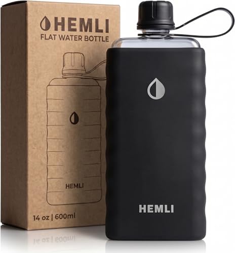 Hemli Tritan Flat Water Bottle with SIlicone Case Square Water Bottle For Travel Bags and Purses Slim Lightweight Leakproof (Black 14 oz)