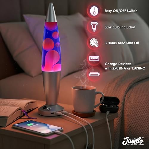 Image of JAMBO Upgraded Motion Lamp - 16 inch Blue Liquid, Purple Wax - USB Ports, Timer - Night Light for Adults, Teens, Kids - Bedroom, Living Room, Office Decor Lamp