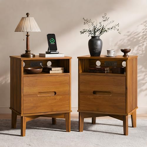 Wood Nightstand Set with Charging Station 2 Drawers