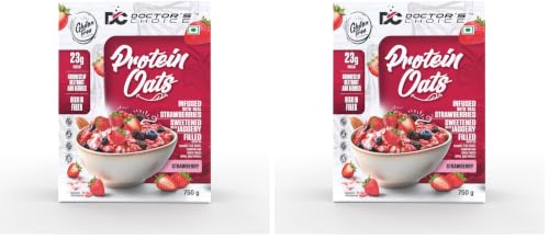 Image of Doctors Choice High Protein Oats 750g | 24g Protein Oatmeal | Natural Strawberrry Flavour | No Added Sugar | Gluten Free | High Fiber Healthy Breakfast Oats (Pack of 2)