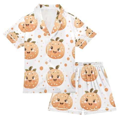 senya Fruit Happy Pattern Satin Summer Pajama Sets Silk Short Sleeve Button Down Sleepwear