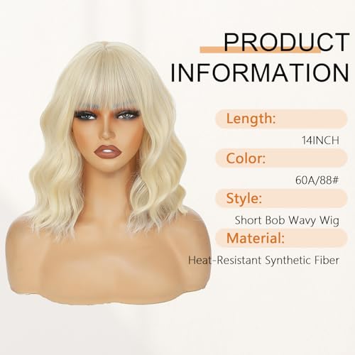 Image of AGO Blonde Wig with Bangs Short Curly Bob Wigs 14Inch Platinum Blonde Wigs Wavy Hair for Women Colorful Cosplay Wig Heat Resistant Fiber Hair for Daily Party Halloween Costume Use(60A /88#Blonde)