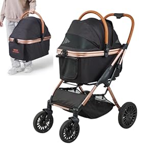 VEVOR Pet Stroller, 4 Wheels Dog Stroller Rotate with Brakes, 66 lbs Weight Capacity, Puppy Stroller with Detachable Carrier, Storage Basket and Pet Pad, for Small to Medium Sized Dogs, Black