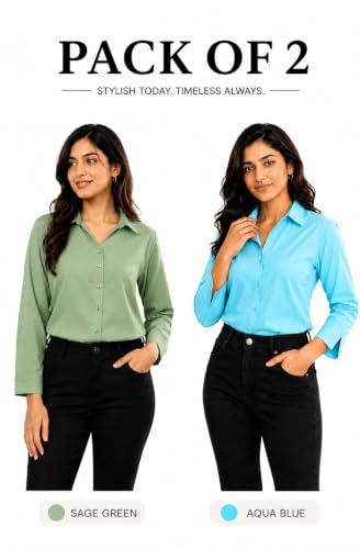 Image of FUNDAY FASHION Women Solid Regular Fit V Collered Casual Shirt (Pack of 2)