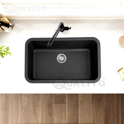 Image of Qualito Granite Quartz Kitchen Sink 31x19 Inch Black | Single Big Bowl Modern Sink | Matt Finish Kitchen Sink with Sink Coupling and Sink Waste Pipe | Sink for Kitchen (31x19 Inch Black)