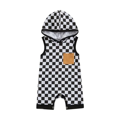 Gaono Baby Boy Romper Sleeveless Checkerboard Hooded Jumpsuit Newborn Tank Tops Infant One Piece Outfit Summer Clothes (Black, 12-18 Months)