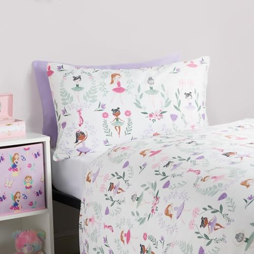 OHS Cot Duvet and Pillow Set, Ballerina Print Toddler Bed Duvet with Pillowcase Super Soft Comfy Girls Bedding Reversible Cot Bed Bedding Set for Kids, White/Purple