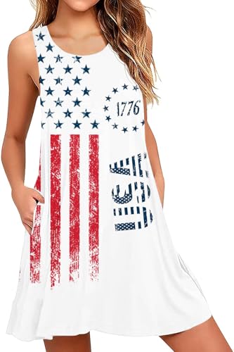 Image of Roshop Womens Juneteenth Flag Sleeveless Dress 4th of July Patriotic Swing Sundress with Pockets