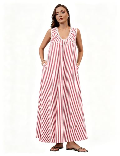 Image of Livtany Women's Scoop Neck Ruched Maxi Dress Flowy Swing Wide Straps Long Dress Casual Sleeveless Sundress with Side Pockets