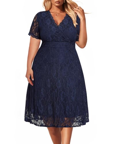 Women's Wedding Guest Plus Size Semi Formal Cocktail Lace Wrap V Neck Short Sleeve Knee Length Dress