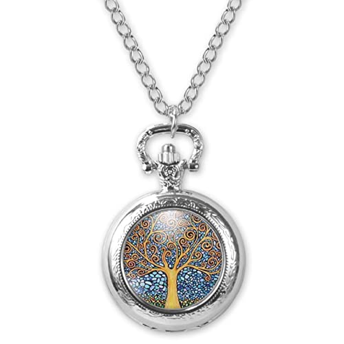 Montre à gousset fantaisie argentée, sautoir illustré, parure Klimt « l’arbre de vie »,...