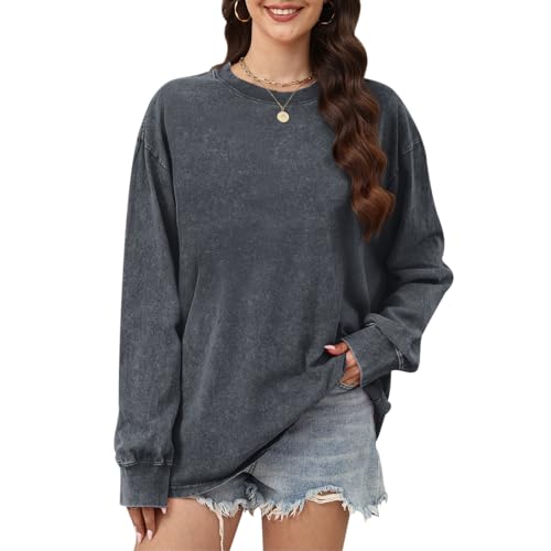 Oversized Long Sleeve Shirts for Women Acid Wash Tshirts Loose Fit Vintage Casual Basic Baggy Cozy Crewneck Tops