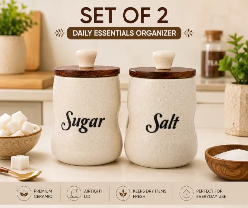 Image of Ceramic Sugar Salt Jar Set of 2 for Kitchen Storage, Airtight Lid Canisters for Countertop Decor, Premium Ceramic Containers for Sugar, Salt, Spices, Dry Fruits & Daily Essentials
