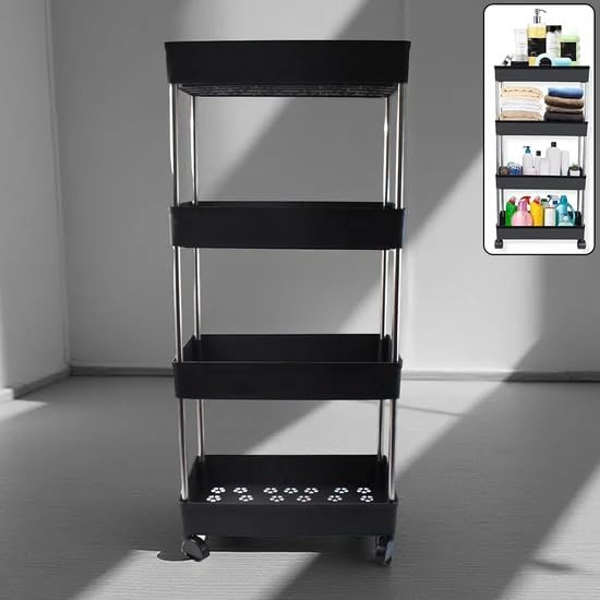 Image of 4-Tier Movable Storage Rack Trolley, Plastic and Stainless Steel Construction, 39L x 25W x 26H cm, Multi-Purpose Organization Cart with Wheels