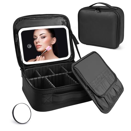 Travel Makeup Bag With LED Mirror,Cosmetic Train Case Leather Make up Organizer