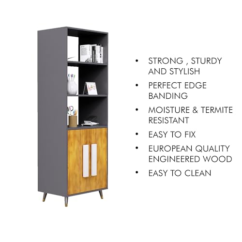 Image of Bniture Book Shelf Wooden | Engineered Wood Bookshelf for Home with 2 Door & 3 Shelf | Multipurpose Open Book Shelf Stand for Library, Study Room & Living Room | Slate Grey & Giant Wood